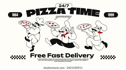 Caricatura personifica a los chefs de pizza entregando el hombre al estilo retro de los años 90. Afiche de época, comida rápida en línea. Logo vectorial de una pizzería con un hombre en un delantal