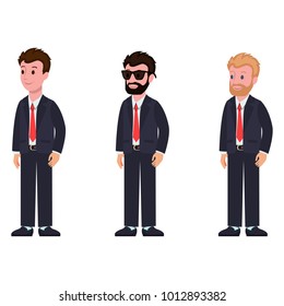 Cartoon characters in classic suit and tie side view, with different hairstyle and color, with beard and glasses vector illustration isolated on white