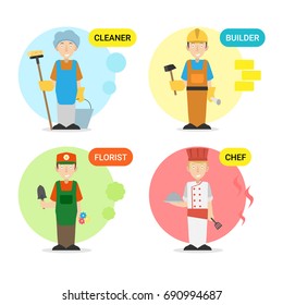 Cartoon characters cleaner builder florist chef set illustrations