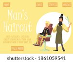 Cartoon characters of client sitting in chair and a barber with scissors. Haircut and hair care for man in barbershop or hair salon. Flat vector illustration. Landing page template