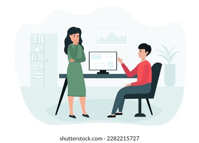 Cartoon characters of colleagues working as programmers. Young people discussing new IT project. Process of developing and testing software in office. Vector