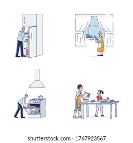 Cartoon characters cooking: family members preparing food. Grandparents, parents and daughter with cooking appliances and utensils making dishes. Home culinary concept. Linear vector illustration