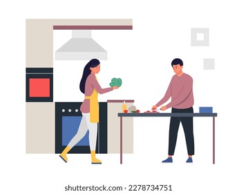 Personajes de caricatura cocinando juntos una pareja feliz en la cocina. Vector de la familia de la cena en la preparación de la cocina e ilustración de la relación