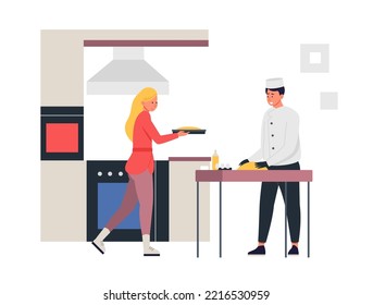 Cartoon characters cooking together. Male chef in uniform making dough with ingredients on table. Woman carrying baking sheet with pie. Cheerful people in kitchen vector illustration