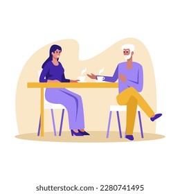 Cartoon characters of couple drinking coffee in cafe. Young man and woman spending time together. First date in cafeteria. Coworkers having coffee break. Vector