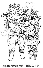 Cartoon characters, couple in love, kind bull in a sweater and scarf, with long ears and small horns and pretty cow with long pigtail in a blouse and skirt with strap, in polka-dot tights and socks.