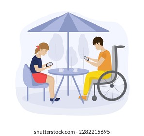 Cartoon characters of couple using social networks when drinking coffee. Young people looking on smartphones in cafe. Modern urban lifestyle benefits. Vector