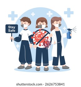 Cartoon characters with covid protection items including mask, spray and sign. Flat vector illustration.
