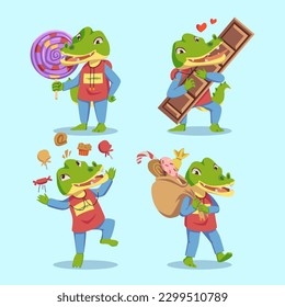 The cartoon characters of a crocodile bring chocolate candy ice cream and lollipops