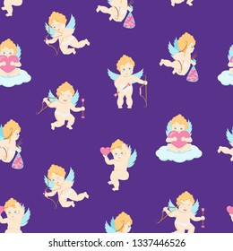 Cartoon Characters Cupids Seamless Pattern Background Love Angel with Arrow Concept Element Flat Design Style. Vector illustration of Character Cupid