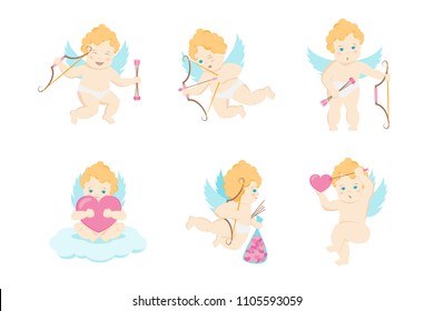 Cartoon Characters Cupids Set Love Angel with Arrow Concept Element Flat Design Style. Vector illustration of Character Cupid