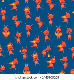 Cartoon Characters Cute Devil Seamless Pattern Background Horned Monster Demon from Hell Concept Element Flat Design Style. Vector illustration