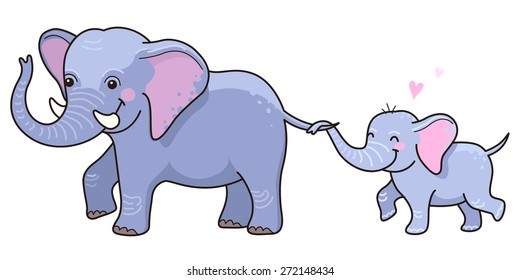 Cartoon characters. Cute elephant with cub isolated on white background
