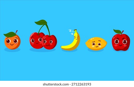 Cartoon characters, cute fruit characters, orange, cherry, banana, apple, lemon, vector.