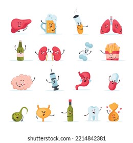 Cartoon Characters Of Cute Human Organs And Bad Habits Flat Icons Set Isolated Vector Illustration