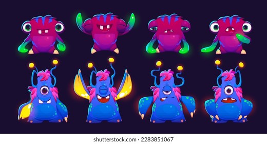 Cartoon characters of cute monsters, funny alien babies. Little alien animals, comic creature with different emotions, vector set isolated on black background