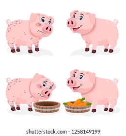 Cartoon Characters - Cute Pig. Good And Bad, Clean And Dirty, Full And Hungry - A Few Opposing Characters.