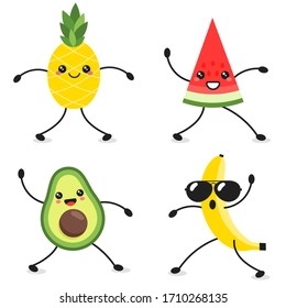 Cartoon characters of dancing avocado, watermelon, banana and pineapple