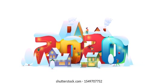 Cartoon characters decorating winter city buildings with christmas lights, balls and stars toys on background of 2020 numbers houses. 2020 New year holiday flat poster. Vector winter holiday scene.