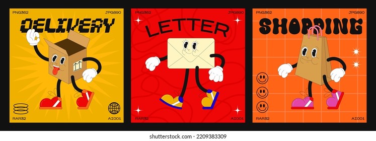 Cartoon characters delivery 90s. Fashion poster. funny colorful characters in doodle style, package, box, letter. Vector groovy illustration with typography elements