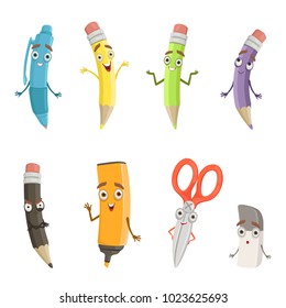 Cartoon characters of different drawing tools. Pencils, pen and others. School instrument pen with face, vector illustration