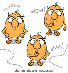 Cartoon characters with different emotions. Set of three curious orange characters egg shaped. Flat objects on white background