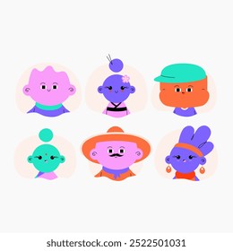 Cartoon characters with different facial expressions, symbolizing diversity and community. Perfect for teamwork, unity, or group dynamics. Flat vector illustration, isolated on white.