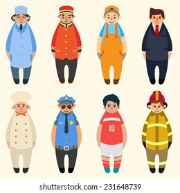 cartoon characters different professions set. doctor, doorman, mechanic, businessman, chef, policeman, soccer player, fireman.