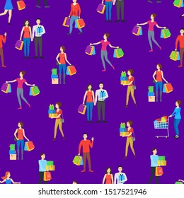 Cartoon Characters Different Shopping People with Bags Seamless Pattern Background Sale in Shop Concept Element Flat Design Style. Vector illustration