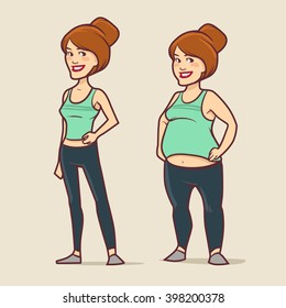 cartoon characters, different stages, fat problems, health problems, strong sport and fat people, process people, fast food problem, vector illustration
