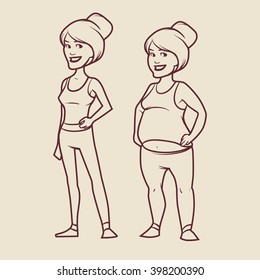 cartoon characters, different stages, fat problems, health problems, strong sport and fat people, process people, fast food problem, vector illustration