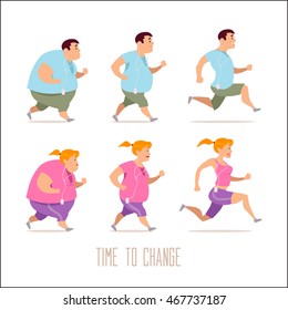 cartoon characters, different stages, fat problems, health problems, strong sport and fat people, process people, fast food problem, vector illustration