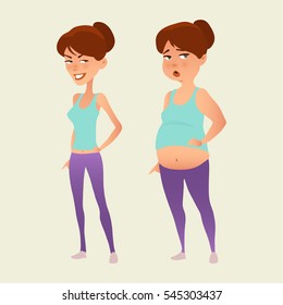 cartoon characters, different stages, fat problems, health problems, strong sport and fat people, process people, fast food problem, vector illustration