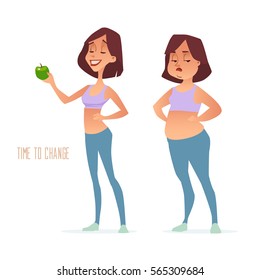 cartoon characters, different stages, fat problems, health problems, strong sport and fat people, process people, fast food problem, vector illustration