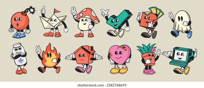 Cartoon characters with diverse shapes and themes, like mushrooms, ghosts, and computers. Playful and colorful cartoon designs with various expressions. Character element vector set.