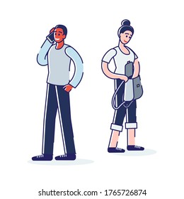 Cartoon characters diverse waiting for bus. African american businessman and casual woman standing in line in queue over white background isolated. Linear vector illustration