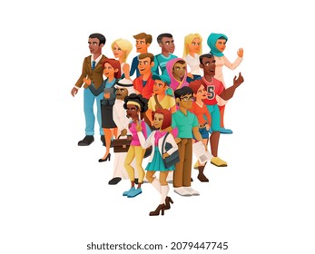 Cartoon characters diversity composition with heart shaped group of people with europeans african americans and asians vector illustration