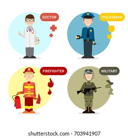 Cartoon characters doctor policeman firefighter military set illustrations