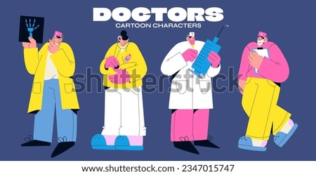 Cartoon characters doctors. Medical nurses ambulance workers. Retro doctors with masks and gloves in white coats