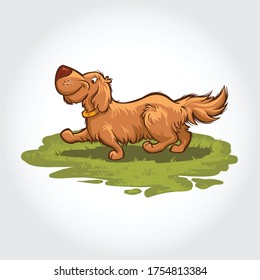 Cartoon characters of dog playing and running on a grass field. Mascot vector illustration.