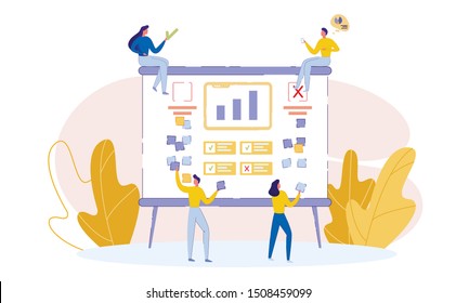 Cartoon Characters Drawn make Notes on Huge Board, Pave Way to Achieve results, Prioritization, Joint Discussion of Problems, Different Views on Problem Solving. Colored Background.