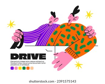 Cartoon characters driving a car.People driving a car,travel,vacation in 90s retro style.Vector illustration