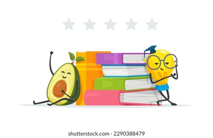 Zeichentrickfiguren für Lehrgänge. Glühbirne und Avocado in der Nähe von Büchern.