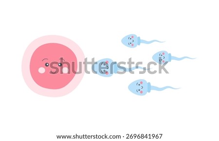 Cartoon characters egg cell and sperm. Vector illustration for education, science, reproduction, biology, fertilization concept.