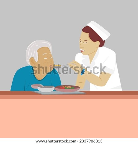 cartoon characters elderly with carers, Aging society Concept.