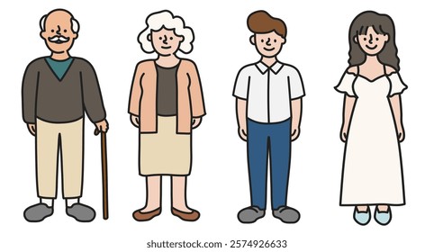 Cartoon characters: elderly man with cane, elderly woman with white hair, young man in casual wear, young woman in white dress. Diverse cartoon figures. Character element vector set.