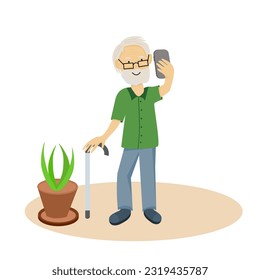 cartoon characters elderly using phone communication. Social with the elderly concept.
