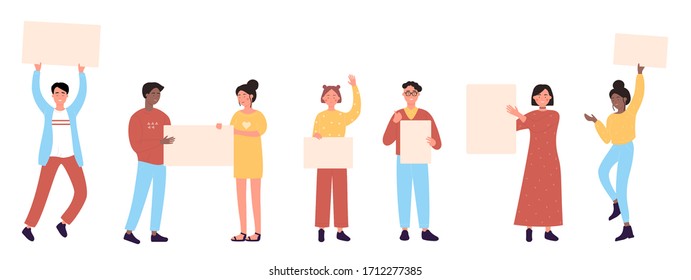 Cartoon characters with empty banners set vector illustration. Men and women holding clean placards blank posters banners in hands. People crowd activists demonstration mass protest, revolution