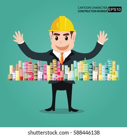 Cartoon characters engineers The success in building sales.