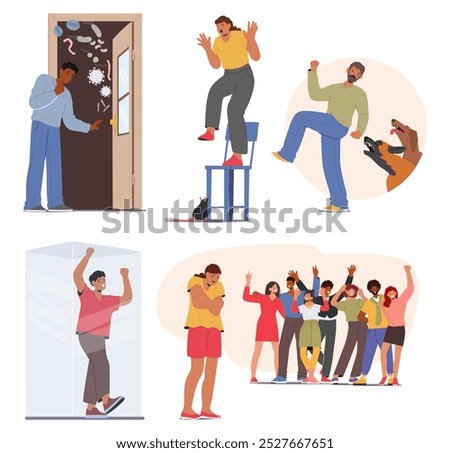 Cartoon Characters Experiencing Various Phobias And Paranoias. Vector Scenes Include Fear Of Germs, Animals, Enclosed Spaces, And Crowds, Capturing The Intense Emotions Associated With These Fears